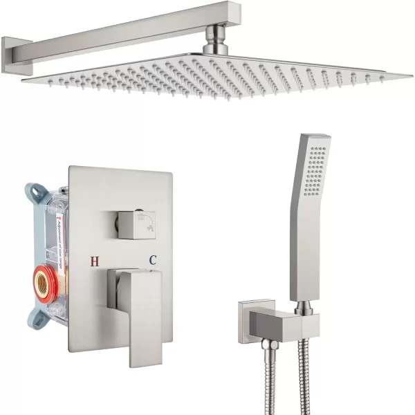imagegotonovo Rainfall Bathroom Shower System Rain Shower Head and Handle Set Wall Mounted Shower Complete Combo Solid Brass Pressure Balancing Shower Mixer Valve 10 Inch Matte BlackBrushed Nickel