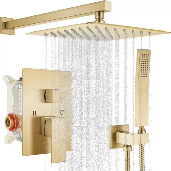 imagegotonovo Rainfall Bathroom Shower System Rain Shower Head and Handle Set Wall Mounted Shower Complete Combo Solid Brass Pressure Balancing Shower Mixer Valve 10 Inch Matte BlackBrushed Gold