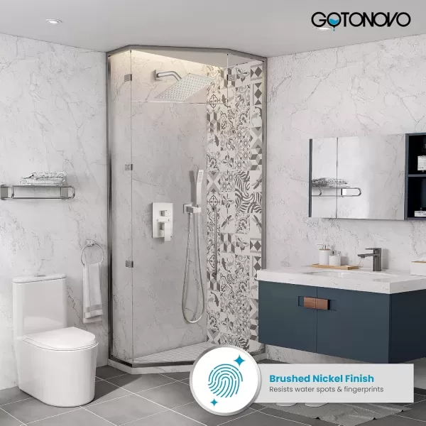imagegotonovo Rainfall Bathroom Shower System Rain Shower Head and Handle Set Wall Mounted Shower Complete Combo Solid Brass Pressure Balancing Shower Mixer Valve 10 Inch Matte BlackBrushed Nickel