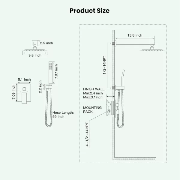 imagegotonovo Rainfall Bathroom Shower System Rain Shower Head and Handle Set Wall Mounted Shower Complete Combo Solid Brass Pressure Balancing Shower Mixer Valve 10 Inch Matte BlackMatte Black