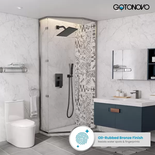 imagegotonovo Rainfall Bathroom Shower System Rain Shower Head and Handle Set Wall Mounted Shower Complete Combo Solid Brass Pressure Balancing Shower Mixer Valve 10 Inch Matte BlackOil Rubbed Bronze