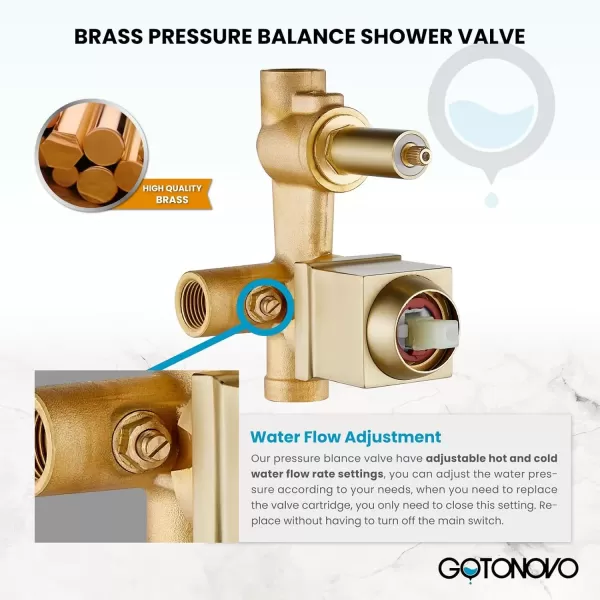 imagegotonovo Rainfall Bathroom Shower System Rain Shower Head and Handle Set Wall Mounted Shower Complete Combo Solid Brass Pressure Balancing Shower Mixer Valve 10 Inch Matte BlackBrushed Gold