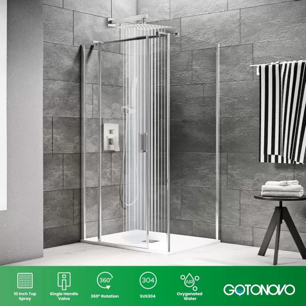 imagegotonovo Rainfall Bathroom Shower System Rain Shower Head and Handle Set Wall Mounted Shower Complete Combo Solid Brass Pressure Balancing Shower Mixer Valve 10 Inch Matte BlackBrushed Nickel