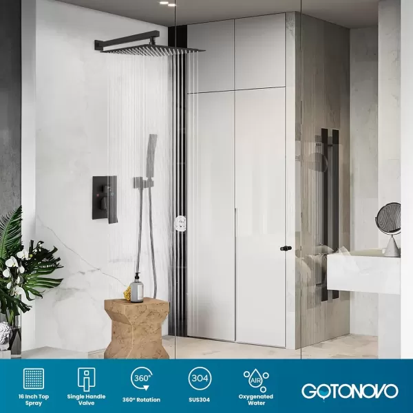 imagegotonovo Rainfall Bathroom Shower System Rain Shower Head and Handle Set Wall Mounted Shower Complete Combo Solid Brass Pressure Balancing Shower Mixer Valve 10 Inch Matte BlackMatte Black