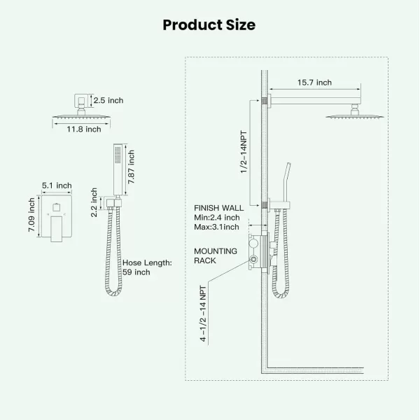 imagegotonovo Rainfall Bathroom Shower System Rain Shower Head and Handle Set Wall Mounted Shower Complete Combo Solid Brass Pressure Balancing Shower Mixer Valve 10 Inch Matte BlackMatte Black