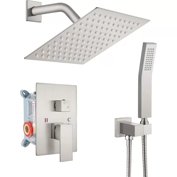 imagegotonovo Rainfall Bathroom Shower System Rain Shower Head and Handle Set Wall Mounted Shower Complete Combo Solid Brass Pressure Balancing Shower Mixer Valve 10 Inch Matte BlackBrushed Nickel