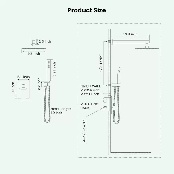 imagegotonovo Rainfall Bathroom Shower System Rain Shower Head and Handle Set Wall Mounted Shower Complete Combo Solid Brass Pressure Balancing Shower Mixer Valve 10 Inch Matte BlackBrushed Nickel