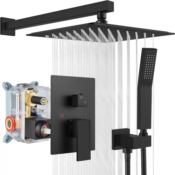 imagegotonovo Rainfall Bathroom Shower System Rain Shower Head and Handle Set Wall Mounted Shower Complete Combo Solid Brass Pressure Balancing Shower Mixer Valve 10 Inch Matte BlackMatte Black