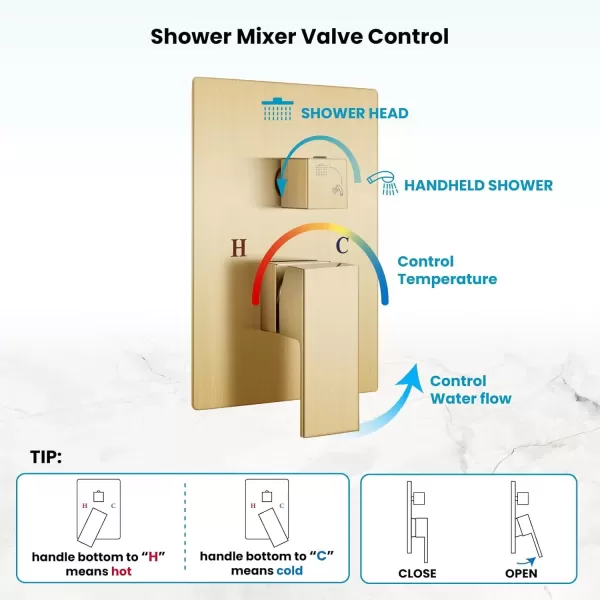 imagegotonovo Rainfall Bathroom Shower System Rain Shower Head and Handle Set Wall Mounted Shower Complete Combo Solid Brass Pressure Balancing Shower Mixer Valve 10 Inch Matte BlackBrushed Gold