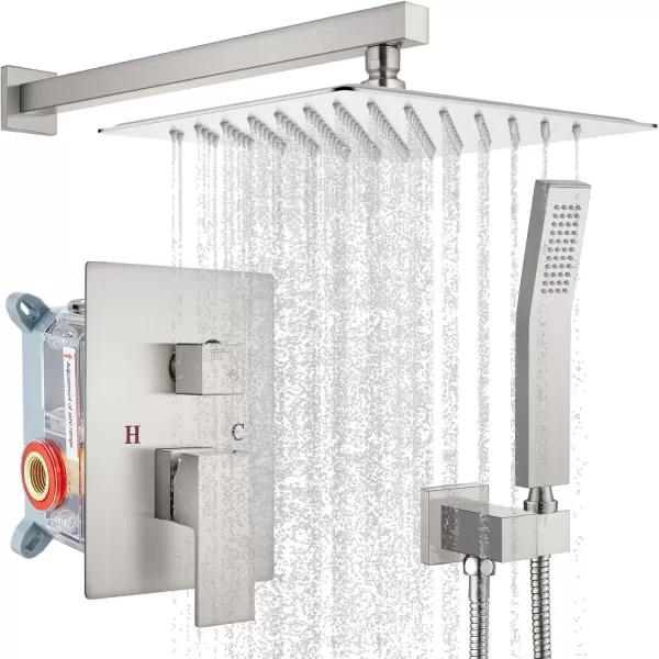 imagegotonovo Rainfall Bathroom Shower System Rain Shower Head and Handle Set Wall Mounted Shower Complete Combo Solid Brass Pressure Balancing Shower Mixer Valve 10 Inch Matte BlackBrushed Nickel