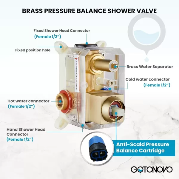 imagegotonovo Rainfall Bathroom Shower System Rain Shower Head and Handle Set Wall Mounted Shower Complete Combo Solid Brass Pressure Balancing Shower Mixer Valve 10 Inch Matte BlackBrushed Gold