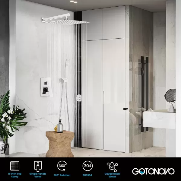 imagegotonovo Rainfall Bathroom Shower System Rain Shower Head and Handle Set Wall Mounted Shower Complete Combo Solid Brass Pressure Balancing Shower Mixer Valve 10 Inch Matte BlackPolished Chrome