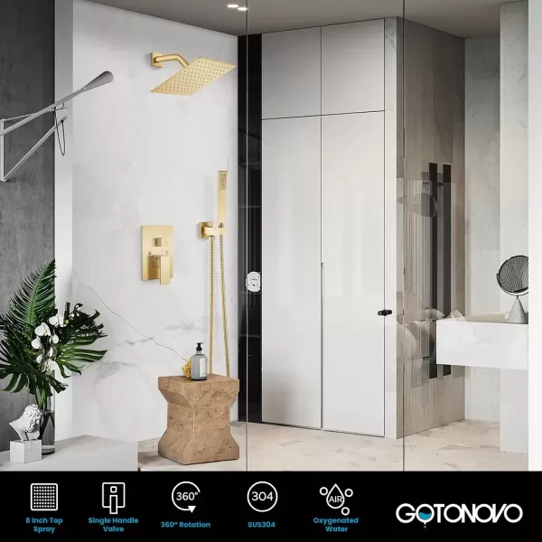 imagegotonovo Rainfall Bathroom Shower System Rain Shower Head and Handle Set Wall Mounted Shower Complete Combo Solid Brass Pressure Balancing Shower Mixer Valve 10 Inch Matte BlackBrushed Gold