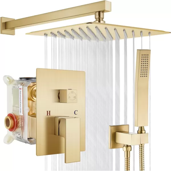 imagegotonovo Rainfall Bathroom Shower System Rain Shower Head and Handle Set Wall Mounted Shower Complete Combo Solid Brass Pressure Balancing Shower Mixer Valve 10 Inch Matte BlackBrushed Gold