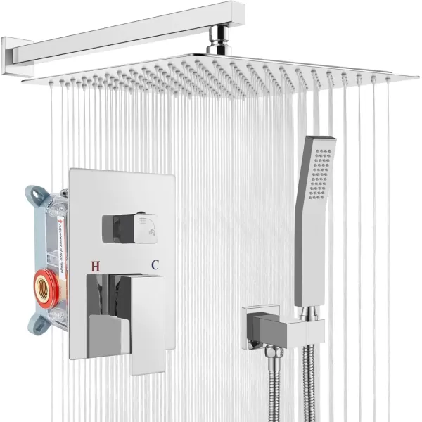 imagegotonovo Rainfall Bathroom Shower System Rain Shower Head and Handle Set Wall Mounted Shower Complete Combo Solid Brass Pressure Balancing Shower Mixer Valve 10 Inch Matte BlackPolished Chrome