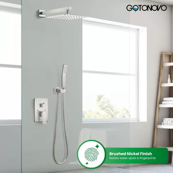 imagegotonovo Rainfall Bathroom Shower System Rain Shower Head and Handle Set Wall Mounted Shower Complete Combo Solid Brass Pressure Balancing Shower Mixer Valve 10 Inch Matte BlackBrushed Nickel