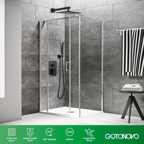 imagegotonovo Rainfall Bathroom Shower System Rain Shower Head and Handle Set Wall Mounted Shower Complete Combo Solid Brass Pressure Balancing Shower Mixer Valve 10 Inch Matte BlackMatte Black