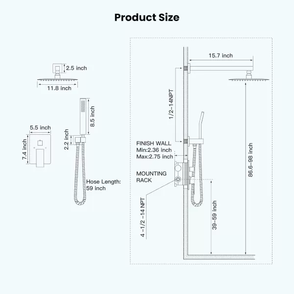 imagegotonovo Rainfall Bathroom Shower System Rain Shower Head and Handle Set Wall Mounted Shower Complete Combo Solid Brass Pressure Balancing Shower Mixer Valve 10 Inch Matte BlackBrushed Nickel