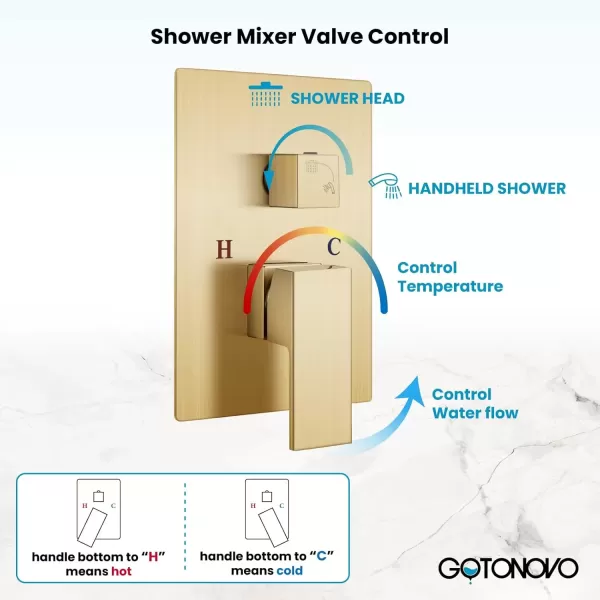 imagegotonovo Rainfall Bathroom Shower System Rain Shower Head and Handle Set Wall Mounted Shower Complete Combo Solid Brass Pressure Balancing Shower Mixer Valve 10 Inch Matte BlackBrushed Gold