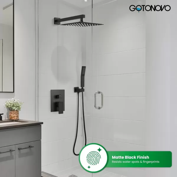 imagegotonovo Rainfall Bathroom Shower System Rain Shower Head and Handle Set Wall Mounted Shower Complete Combo Solid Brass Pressure Balancing Shower Mixer Valve 10 Inch Matte BlackMatte Black