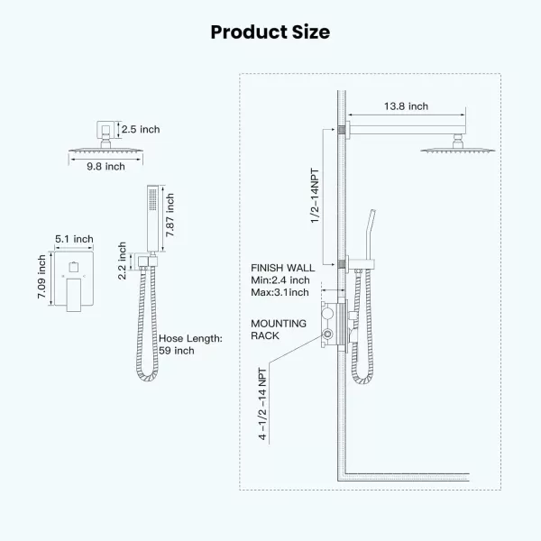 imagegotonovo Rainfall Bathroom Shower System Rain Shower Head and Handle Set Wall Mounted Shower Complete Combo Solid Brass Pressure Balancing Shower Mixer Valve 10 Inch Matte BlackBrushed Gold