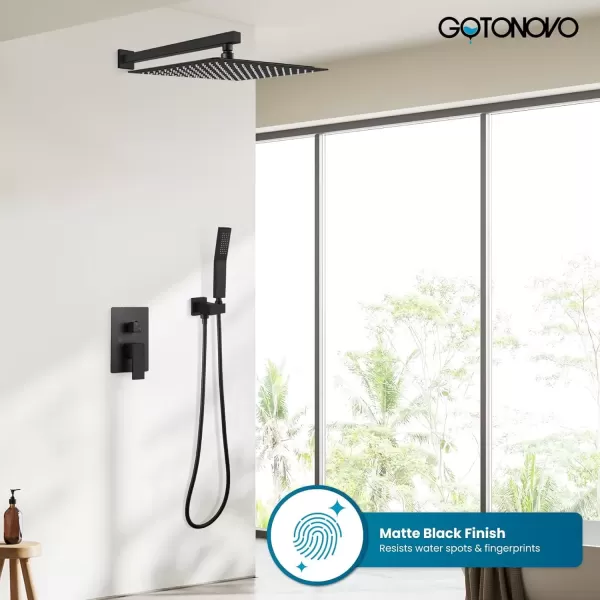 imagegotonovo Rainfall Bathroom Shower System Rain Shower Head and Handle Set Wall Mounted Shower Complete Combo Solid Brass Pressure Balancing Shower Mixer Valve 10 Inch Matte BlackMatte Black
