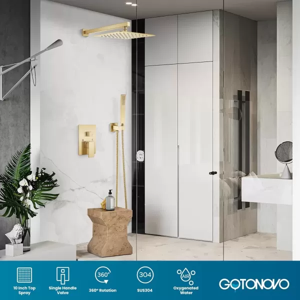imagegotonovo Rainfall Bathroom Shower System Rain Shower Head and Handle Set Wall Mounted Shower Complete Combo Solid Brass Pressure Balancing Shower Mixer Valve 10 Inch Matte BlackBrushed Gold