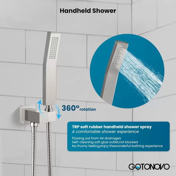 imagegotonovo Rainfall Bathroom Shower System Rain Shower Head and Handle Set Wall Mounted Shower Complete Combo Solid Brass Pressure Balancing Shower Mixer Valve 10 Inch Matte BlackBrushed Nickel