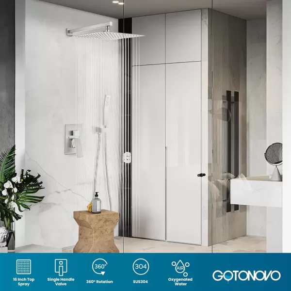 imagegotonovo Rainfall Bathroom Shower System Rain Shower Head and Handle Set Wall Mounted Shower Complete Combo Solid Brass Pressure Balancing Shower Mixer Valve 10 Inch Matte BlackBrushed Nickel