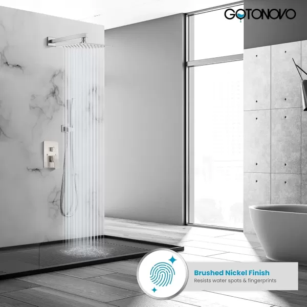 imagegotonovo Rainfall Bathroom Shower System Rain Shower Head and Handle Set Wall Mounted Shower Complete Combo Solid Brass Pressure Balancing Shower Mixer Valve 10 Inch Matte BlackBrushed Nickel