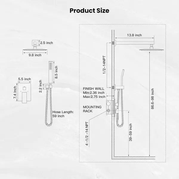 imagegotonovo Rainfall Bathroom Shower System Rain Shower Head and Handle Set Wall Mounted Shower Complete Combo Solid Brass Pressure Balancing Shower Mixer Valve 10 Inch Matte BlackPolished Chrome