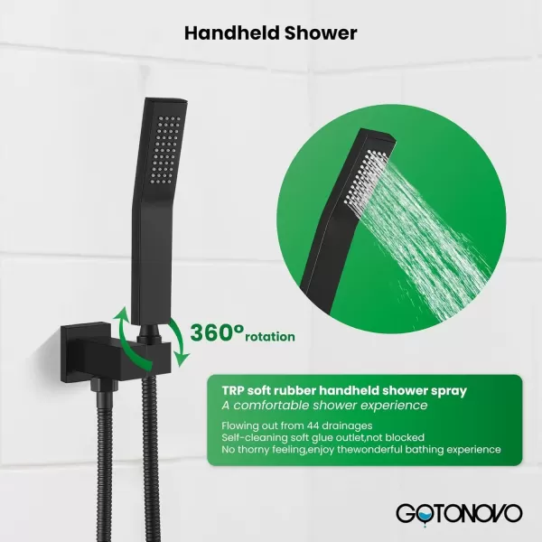 imagegotonovo Rainfall Bathroom Shower System Rain Shower Head and Handle Set Wall Mounted Shower Complete Combo Solid Brass Pressure Balancing Shower Mixer Valve 10 Inch Matte BlackMatte Black