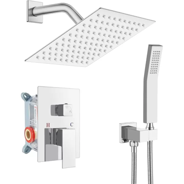 imagegotonovo Rainfall Bathroom Shower System Rain Shower Head and Handle Set Wall Mounted Shower Complete Combo Solid Brass Pressure Balancing Shower Mixer Valve 10 Inch Matte BlackPolished Chrome