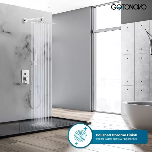 imagegotonovo Rainfall Bathroom Shower System Rain Shower Head and Handle Set Wall Mounted Shower Complete Combo Solid Brass Pressure Balancing Shower Mixer Valve 10 Inch Matte BlackPolished Chrome