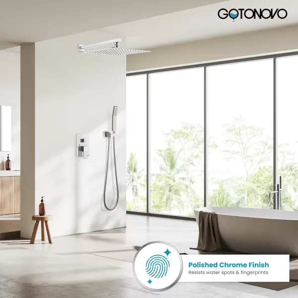 imagegotonovo Rainfall Bathroom Shower System Rain Shower Head and Handle Set Wall Mounted Shower Complete Combo Solid Brass Pressure Balancing Shower Mixer Valve 10 Inch Matte BlackPolished Chrome