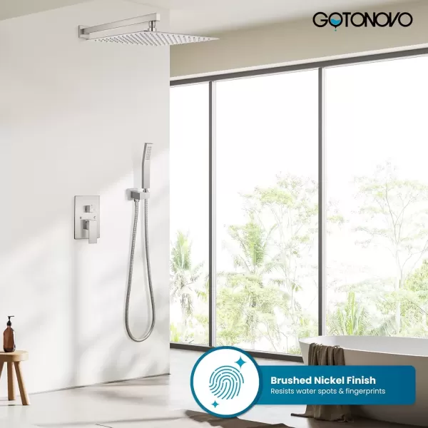 imagegotonovo Rainfall Bathroom Shower System Rain Shower Head and Handle Set Wall Mounted Shower Complete Combo Solid Brass Pressure Balancing Shower Mixer Valve 10 Inch Matte BlackBrushed Nickel
