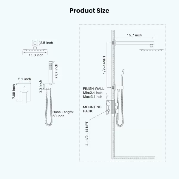 imagegotonovo Rainfall Bathroom Shower System Rain Shower Head and Handle Set Wall Mounted Shower Complete Combo Solid Brass Pressure Balancing Shower Mixer Valve 10 Inch Matte BlackBrushed Gold