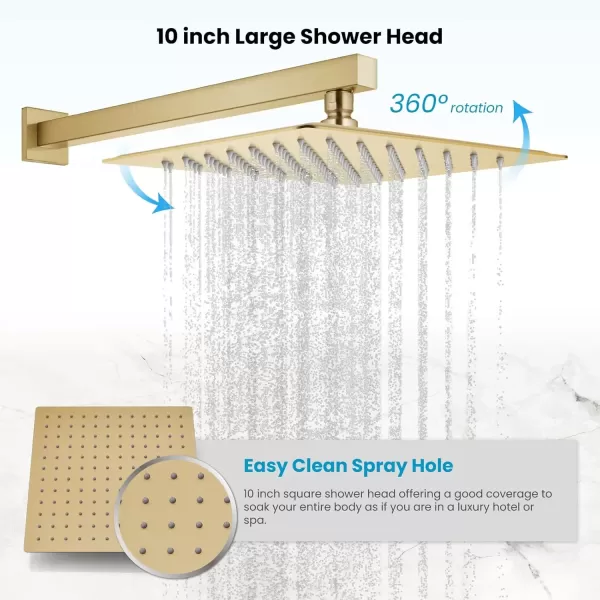 imagegotonovo Rainfall Bathroom Shower System Rain Shower Head and Handle Set Wall Mounted Shower Complete Combo Solid Brass Pressure Balancing Shower Mixer Valve 10 Inch Matte BlackBrushed Gold