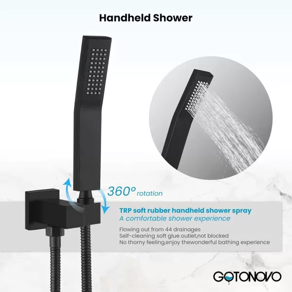 imagegotonovo Rainfall Bathroom Shower System Rain Shower Head and Handle Set Wall Mounted Shower Complete Combo Solid Brass Pressure Balancing Shower Mixer Valve 10 Inch Matte BlackMatte Black