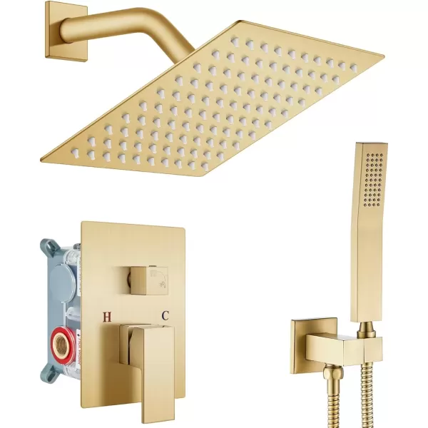 imagegotonovo Rainfall Bathroom Shower System Rain Shower Head and Handle Set Wall Mounted Shower Complete Combo Solid Brass Pressure Balancing Shower Mixer Valve 10 Inch Matte BlackBrushed Gold