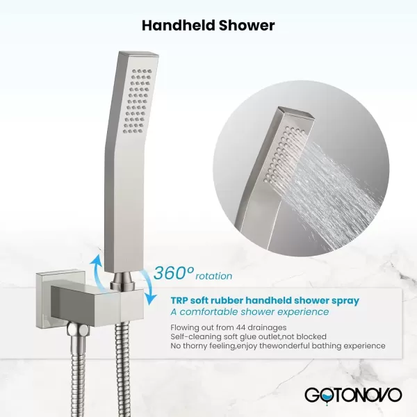 imagegotonovo Rainfall Shower System with Shower Head and Handle Set Bathroom Shower Faucet Set with Handheld Spray High Pressure Roughin Valve Included 8 Inch Round Shower Head Matte BlackBrushed Nickel