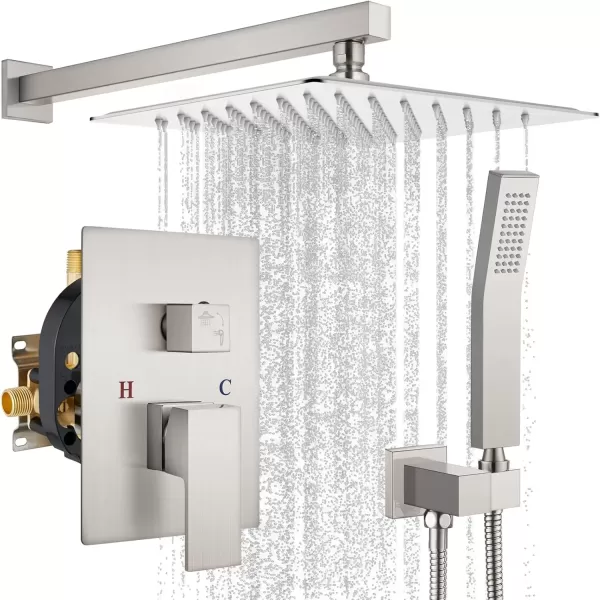 imagegotonovo Rainfall Shower System with Shower Head and Handle Set Bathroom Shower Faucet Set with Handheld Spray High Pressure Roughin Valve Included 8 Inch Round Shower Head Matte BlackBrushed Nickel