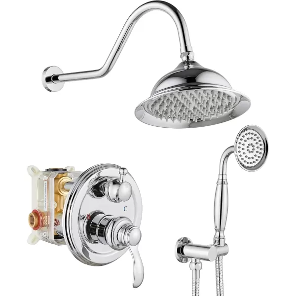 imagegotonovo Rainfall Shower System with Shower Head and Handle Set Bathroom Shower Faucet Set with Handheld Spray High Pressure Roughin Valve Included 8 Inch Round Shower Head Matte BlackPolished Chrome