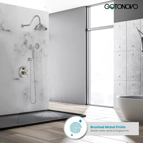 imagegotonovo Rainfall Shower System with Shower Head and Handle Set Bathroom Shower Faucet Set with Handheld Spray High Pressure Roughin Valve Included 8 Inch Round Shower Head Matte BlackBrushed Nickel