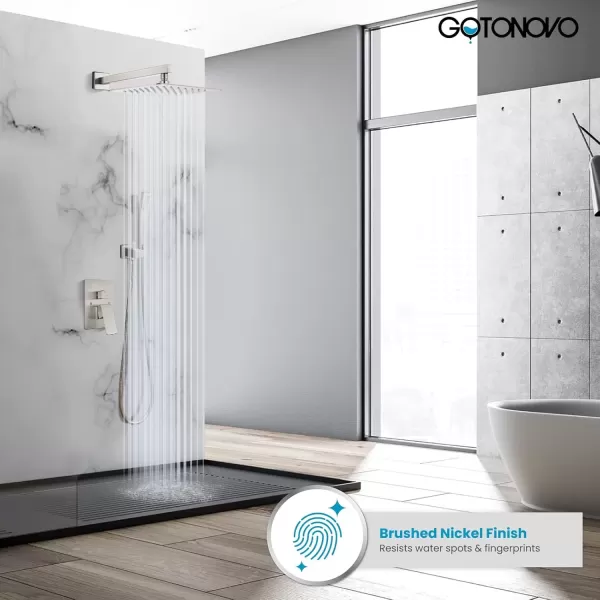 imagegotonovo Rainfall Shower System with Shower Head and Handle Set Bathroom Shower Faucet Set with Handheld Spray High Pressure Roughin Valve Included 8 Inch Round Shower Head Matte BlackBrushed Nickel