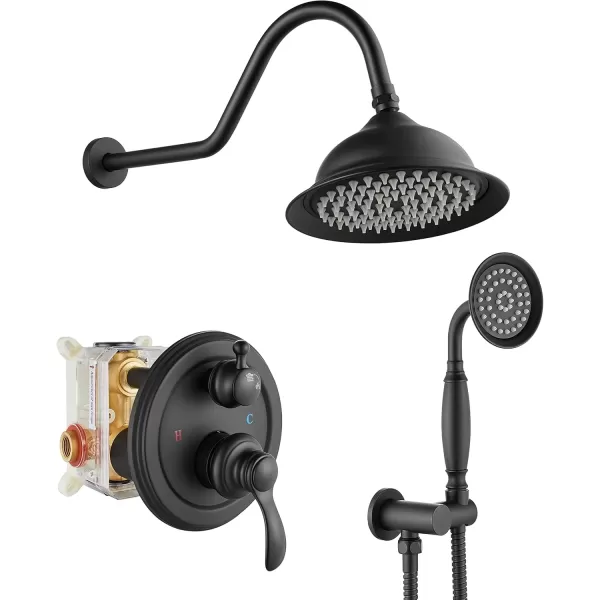 imagegotonovo Rainfall Shower System with Shower Head and Handle Set Bathroom Shower Faucet Set with Handheld Spray High Pressure Roughin Valve Included 8 Inch Round Shower Head Matte BlackMatte Black