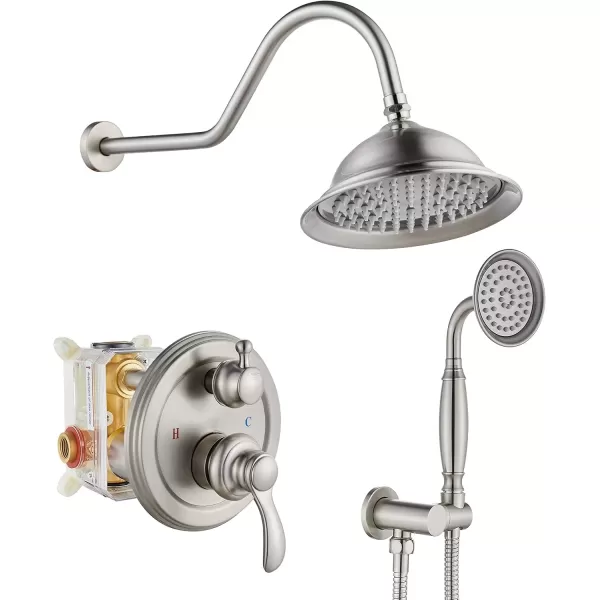imagegotonovo Rainfall Shower System with Shower Head and Handle Set Bathroom Shower Faucet Set with Handheld Spray High Pressure Roughin Valve Included 8 Inch Round Shower Head Matte BlackBrushed Nickel