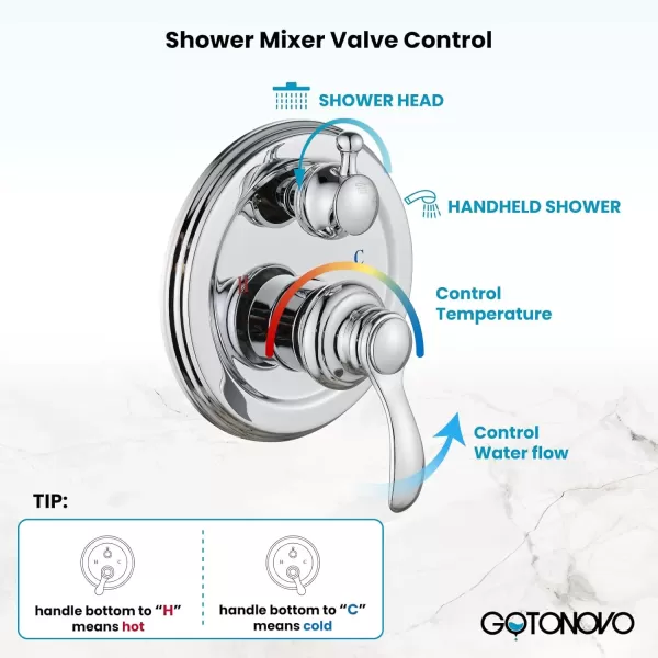 imagegotonovo Rainfall Shower System with Shower Head and Handle Set Bathroom Shower Faucet Set with Handheld Spray High Pressure Roughin Valve Included 8 Inch Round Shower Head Matte BlackPolished Chrome