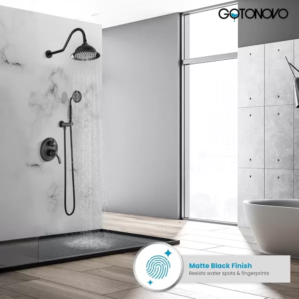 imagegotonovo Rainfall Shower System with Shower Head and Handle Set Bathroom Shower Faucet Set with Handheld Spray High Pressure Roughin Valve Included 8 Inch Round Shower Head Matte BlackMatte Black
