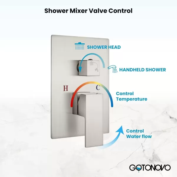 imagegotonovo Rainfall Shower System with Shower Head and Handle Set Bathroom Shower Faucet Set with Handheld Spray High Pressure Roughin Valve Included 8 Inch Round Shower Head Matte BlackBrushed Nickel